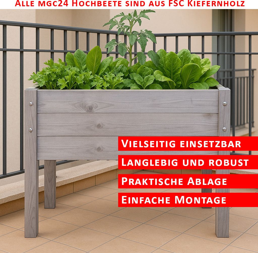 A raised garden bed filled with plants, placed on a balcony.