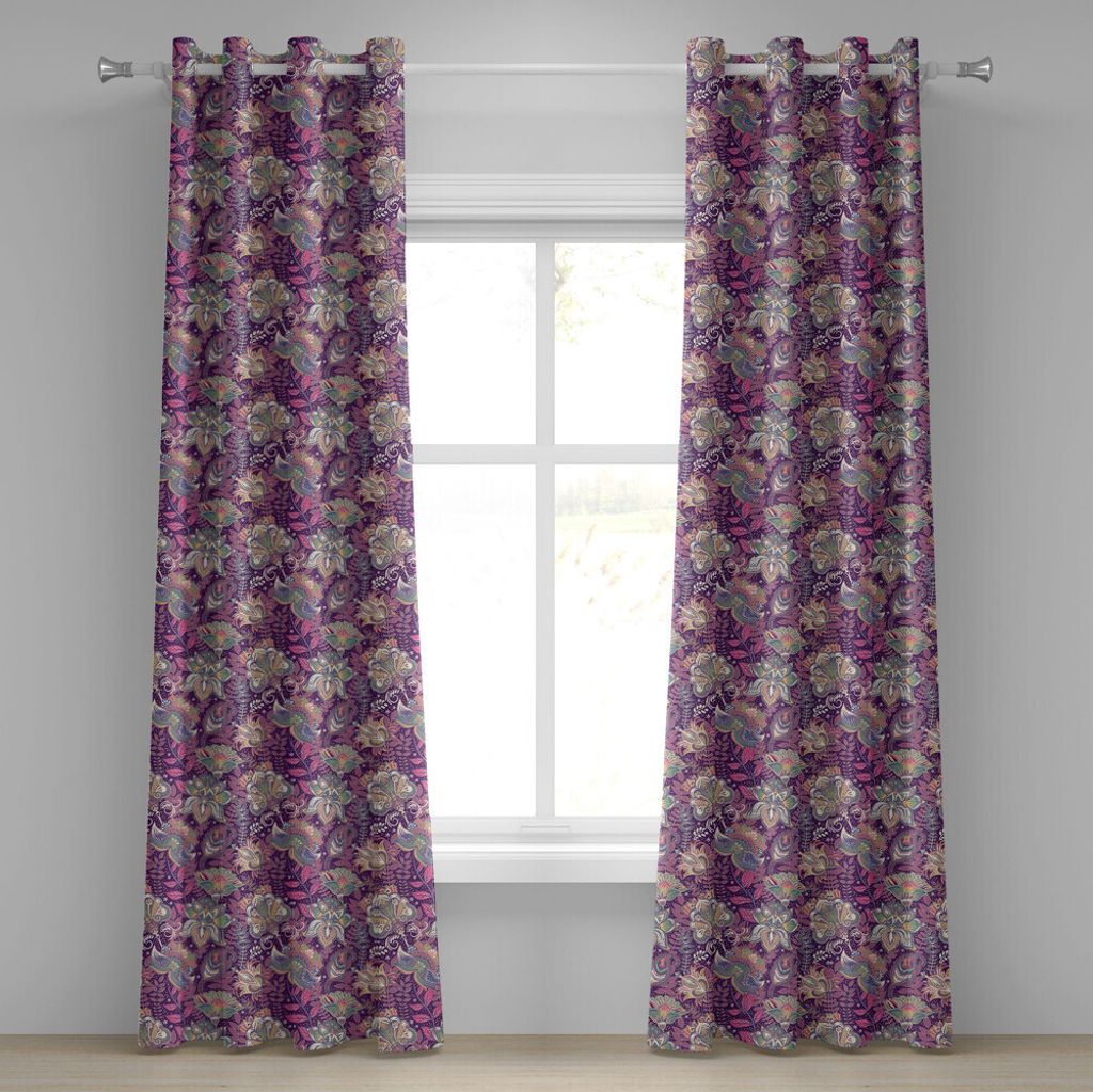 ABAKUHAUS Blumen Ösenvorhang, Lebendige Blumen mit Mehndi Stil Romantische asiatische Zierblumen Paisley Design, Dekorative 2-Panel-Fenstervorhän...