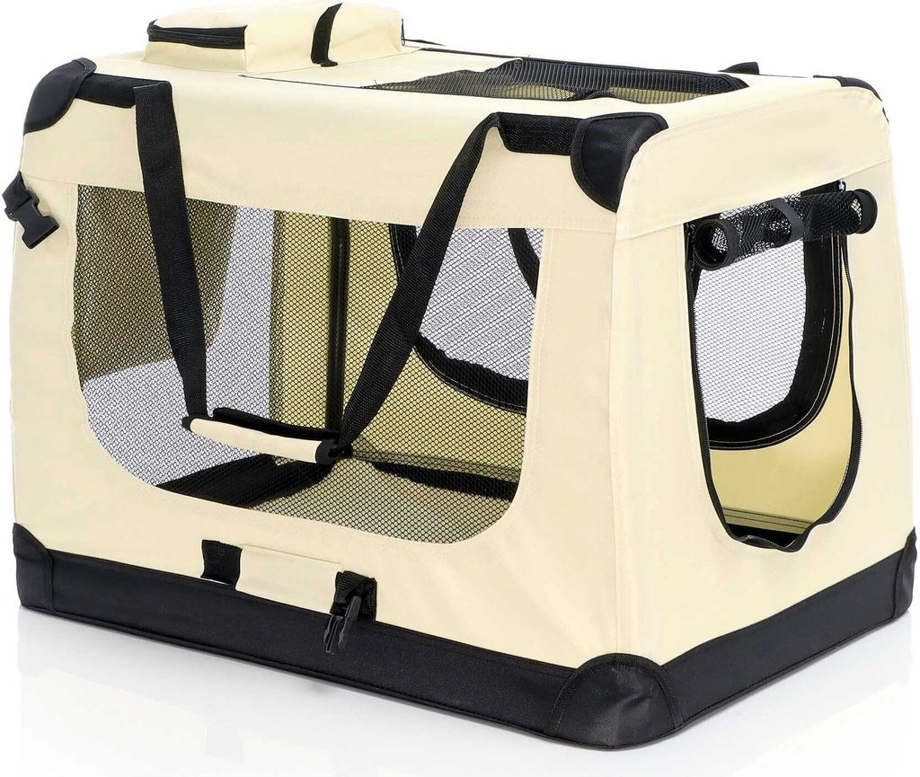 Fudajo Faltbare Transportbox für Hunde, Katzen XL (82x56x58cm), robust, leicht, sicher, Hundebox mit Tragegriff und Decke, Beige