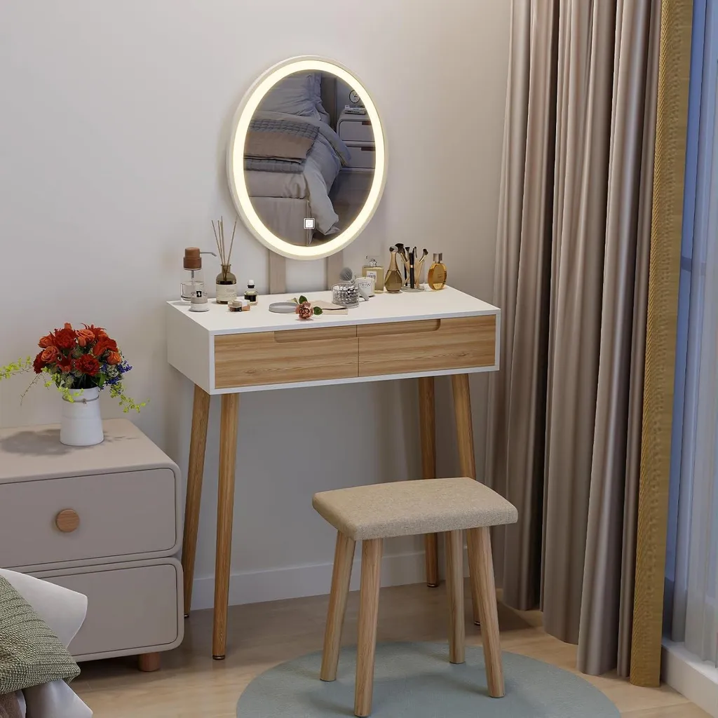 Coiffeuse avec éclairage LED réglable, miroir et 2 tiroirs - Modèle LUNA - 2