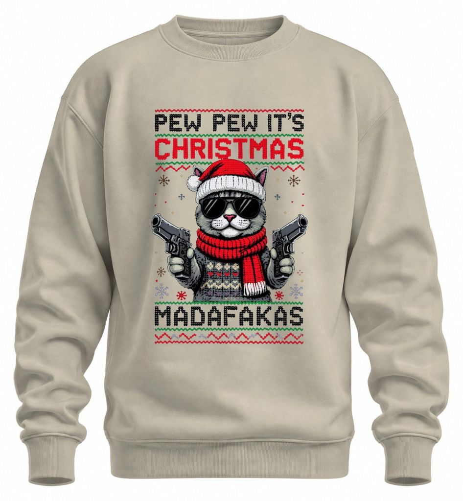Pew Pew It's Christmas Madafakas Katze Pistolen Ugly Sweater Sweatshirt Pullover, Natur, S