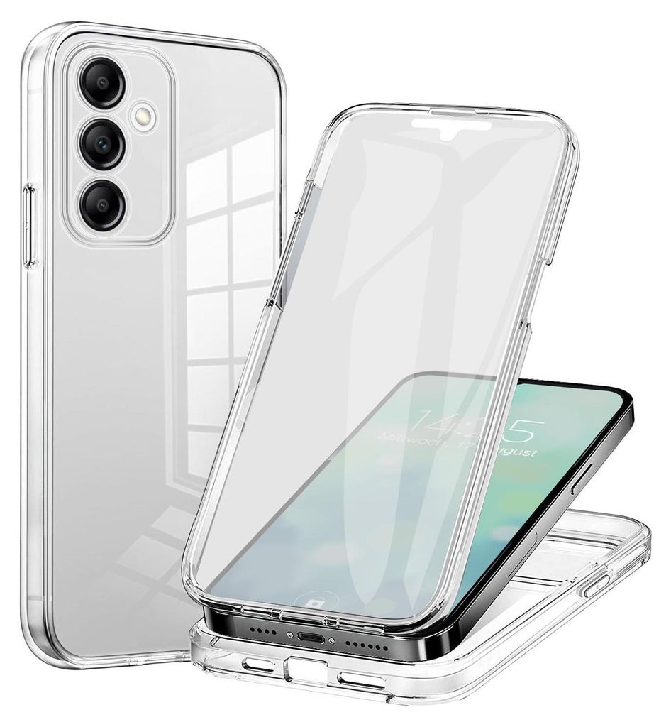 A clear, transparent phone case is shown, with a phone inside it. The case is shown from multiple angles.