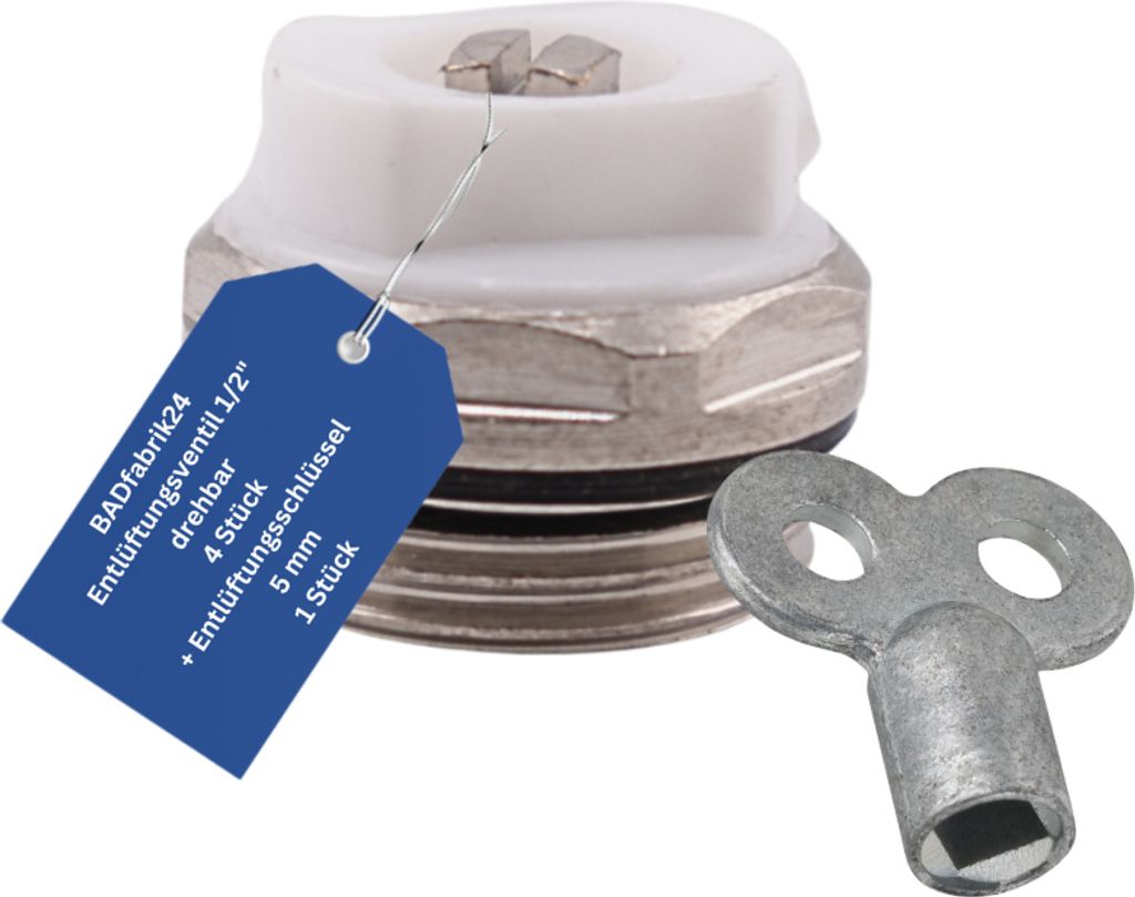 BADfabrik24 Entlüftungsventil 1/2" drehbar, Messing vernickelt mit O-Ring 4 Stück + Entlüftungsschlüssel aus Metall, Vierkant 5mm 1 Stück