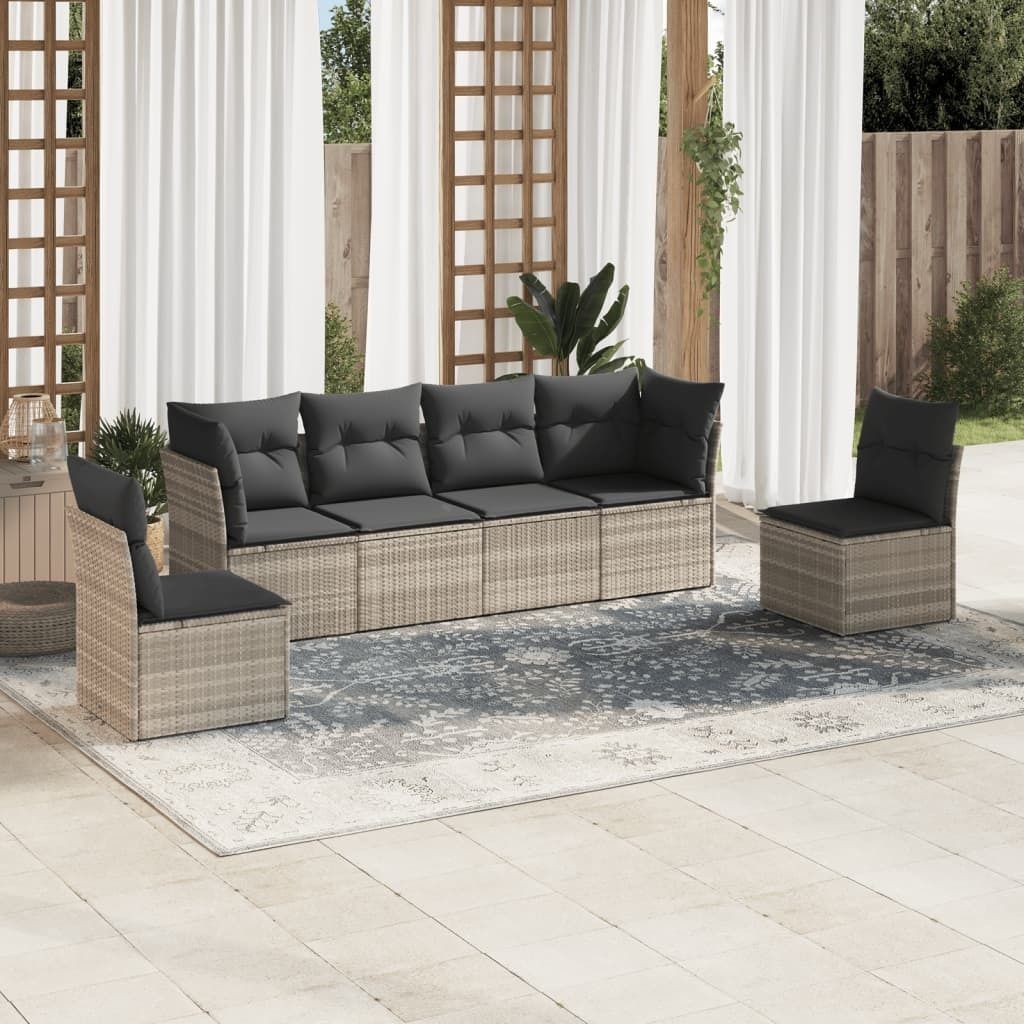 Industrie-Stil 6-tlg. Garten-Sofagarnitur Sofa Set mit Kissen Hellgrau Poly Rattan Terrassenmöbel2024 cloris