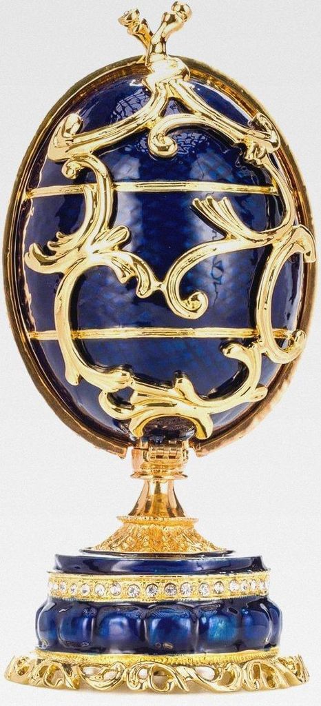 Fabergé-Stil Ei Spieluhr Schmuckkästchen Frühlingsblumen mit Korb der Blumen 16,5 cm blau