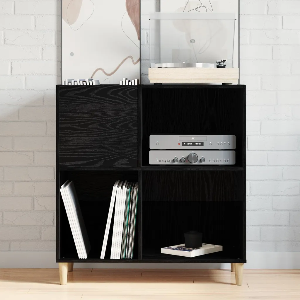 Armoire à vinyles robuste noir aspect chêne 84,5 cm - Finition Premium