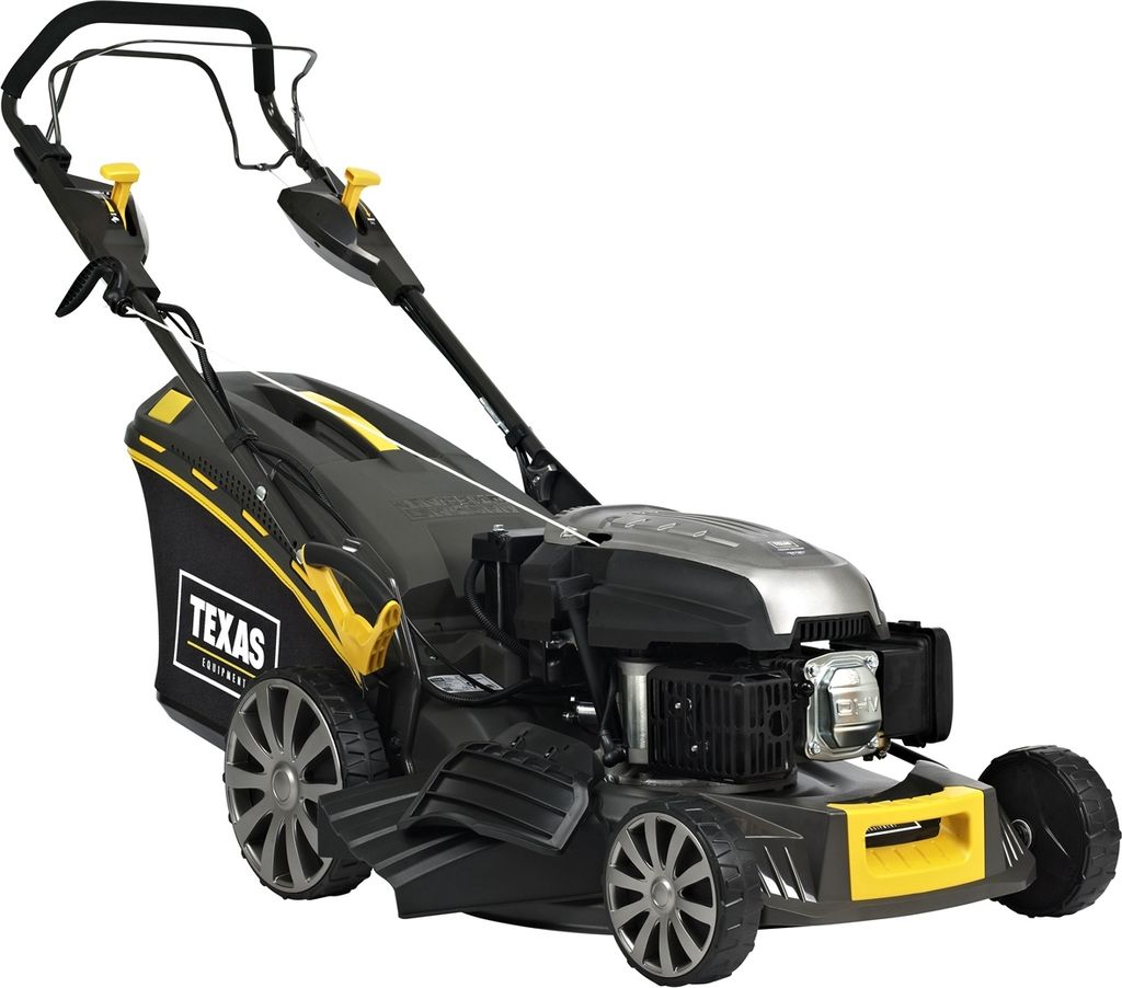 A black and yellow gasoline-powered lawnmower with a silver engine cover, shown from a three-quarter front angle against a white background.