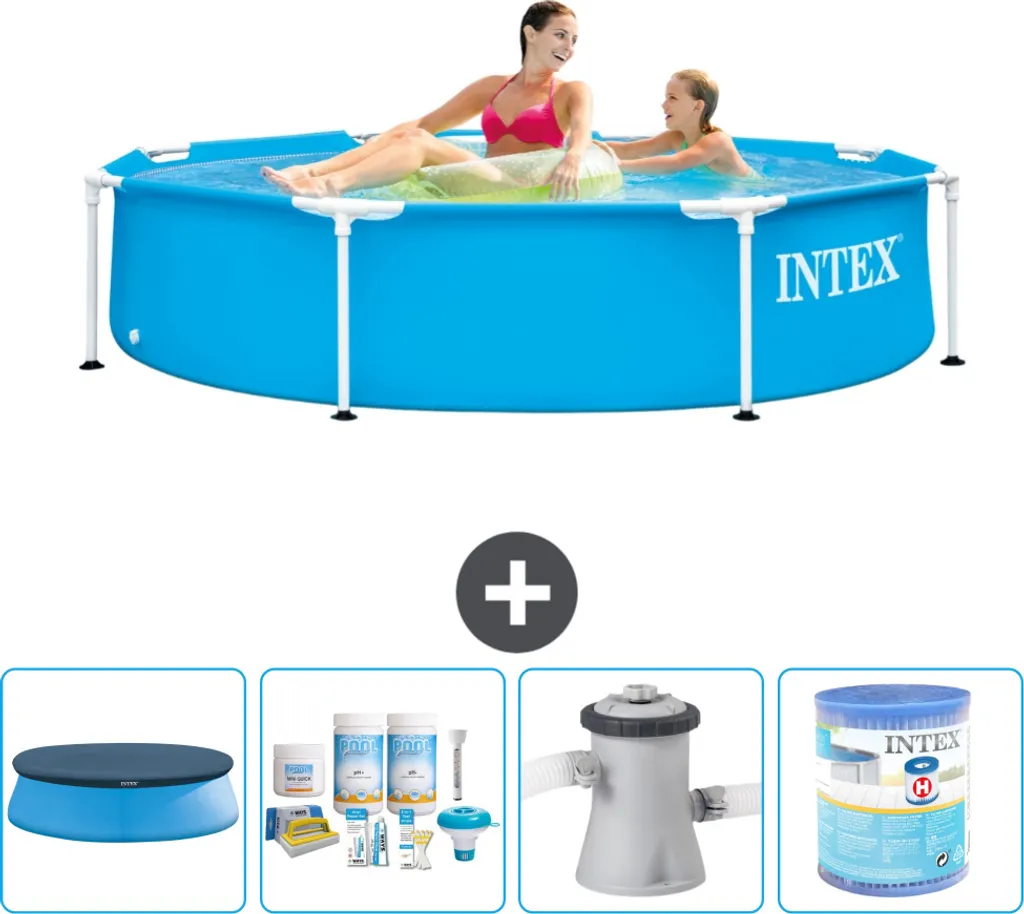 Piscina Intex con struttura rotonda - 244 x 51 cm - blu - include copertura - pacchetto manutenzione - pompa filtro per piscina - filtro