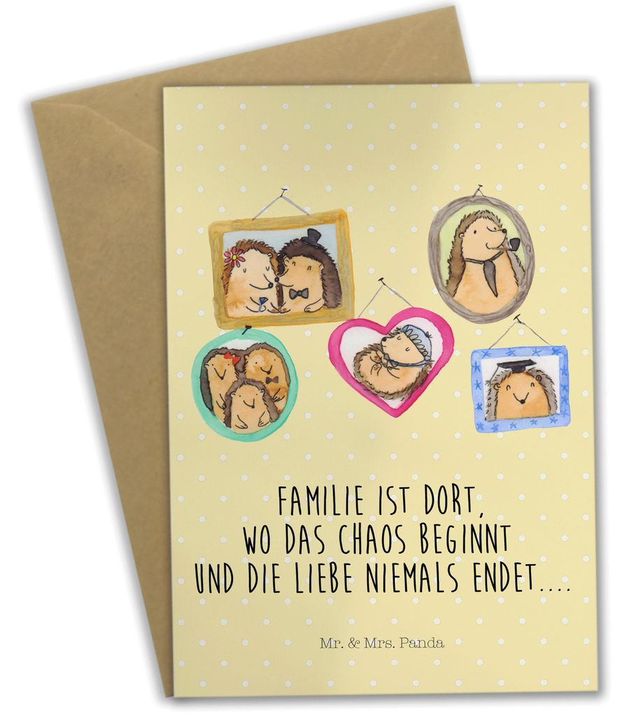 Mr. & Mrs. Panda Grußkarte Igel Familie - Gelb Pastell - Geschenk, Grußkarten, Bilder, osterkarten, Muttertag, Liebe, weihnachtskarten, Mama, ein...