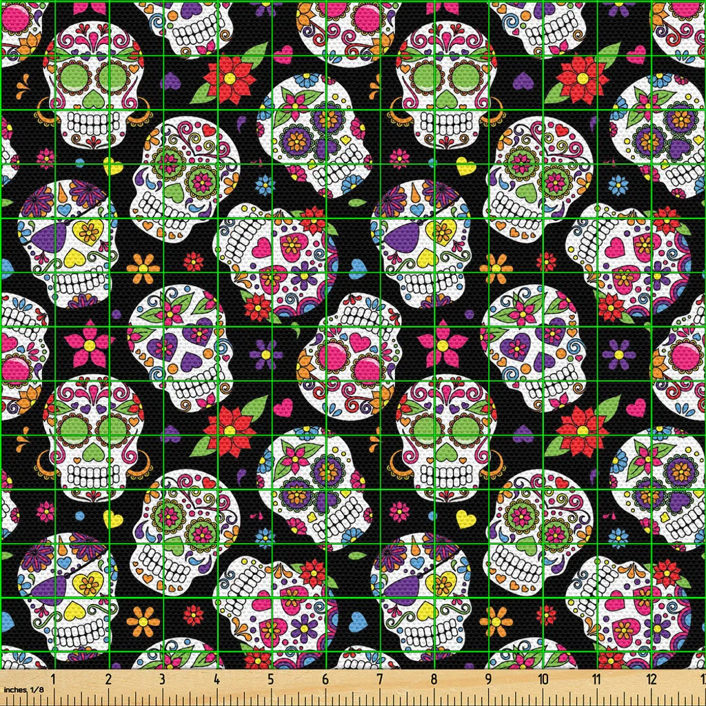 Tissu pour Couture Créative Crânes et Fleurs - Coupon 300x148 cm