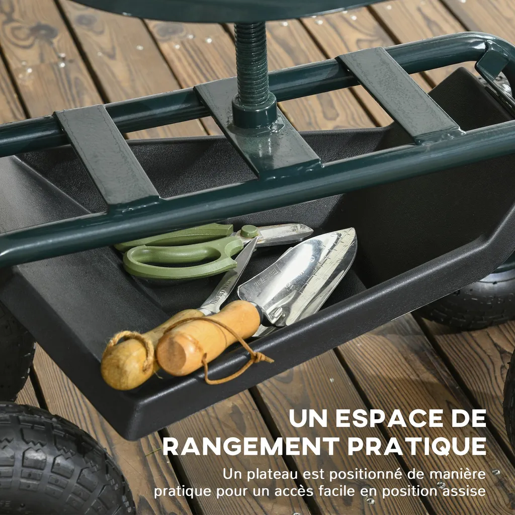 Siège roulant réglable 150 kg max avec plateau de rangement intégré