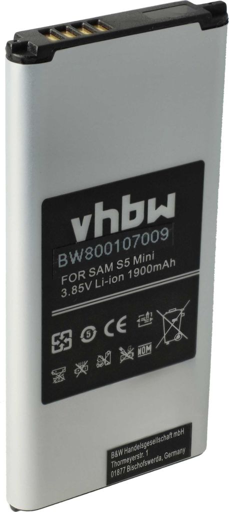 vhbw Akku kompatibel mit Samsung Galaxy SM-G800H, SM-G800F, S5 Mini, SM-G800, S5 Dx, SM-G800R4 Handy Smartphone Telefon (1900 mAh, 3,85 V, Li-Ion)