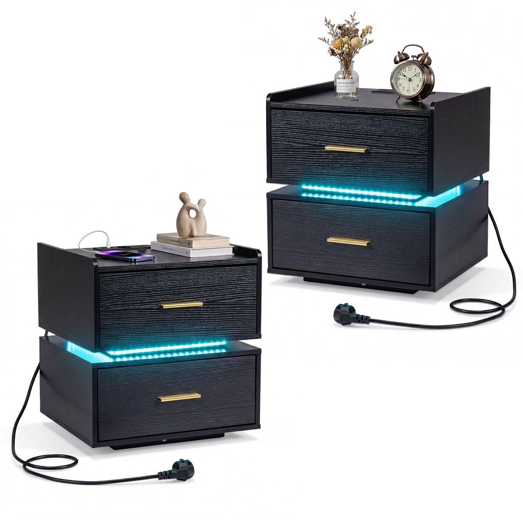 COSTWAY 2er Nachttische mit LED & Ladestation, Nachtschrank mit 2 Schubladen & Metallfuß, moderner halb-schwebender Beistelltisch Schwarz