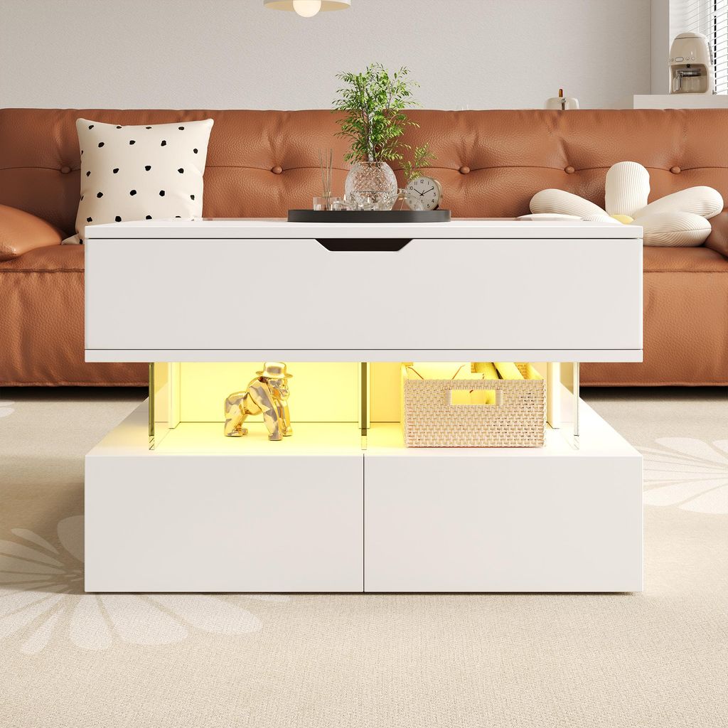 AIORBER Höhenverstellbarer Couchtisch mit 16-farbiger LED-Beleuchtung, Glasplatte & Stauraum, Lift-Top Design, Weiß