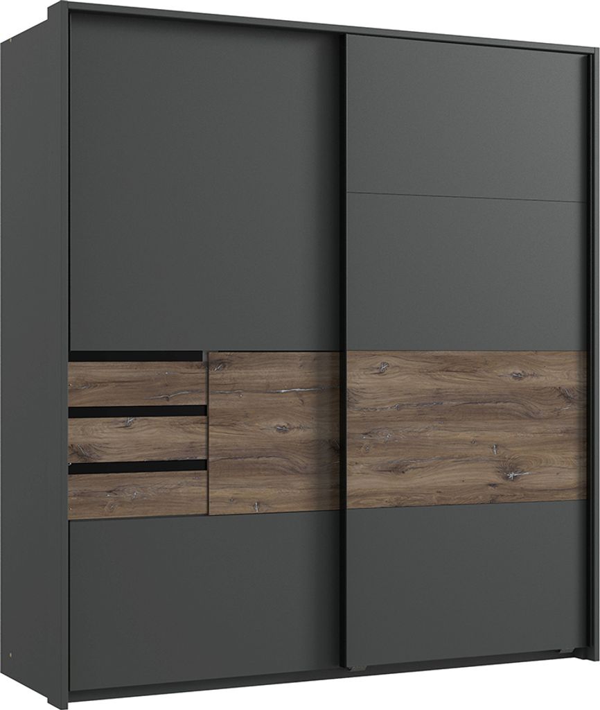 Schlafzimmer Schwebetürenschrank mit 3 Schubkästen in graphit mit Flagstaff Eiche Nb. BREGENZ-43, B/H/T ca. 180/198/65 cm