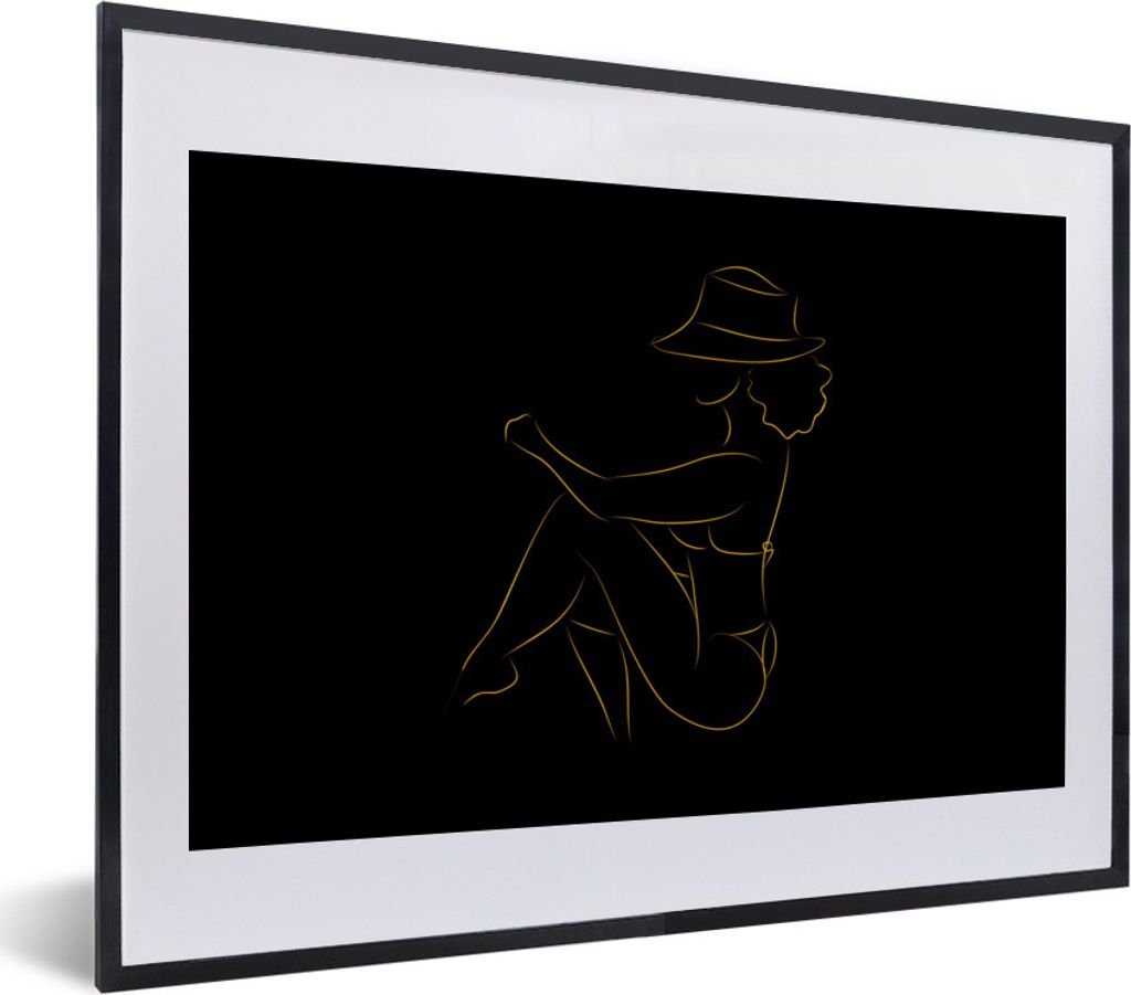 MuchoWow Gerahmtes Poster Frau - Hut - Gold - Strichzeichnung 40x30 cm - Poster mit Schwarzem Bilderrahmen Wandposter Rahmen Foto Bilder - Bilder...
