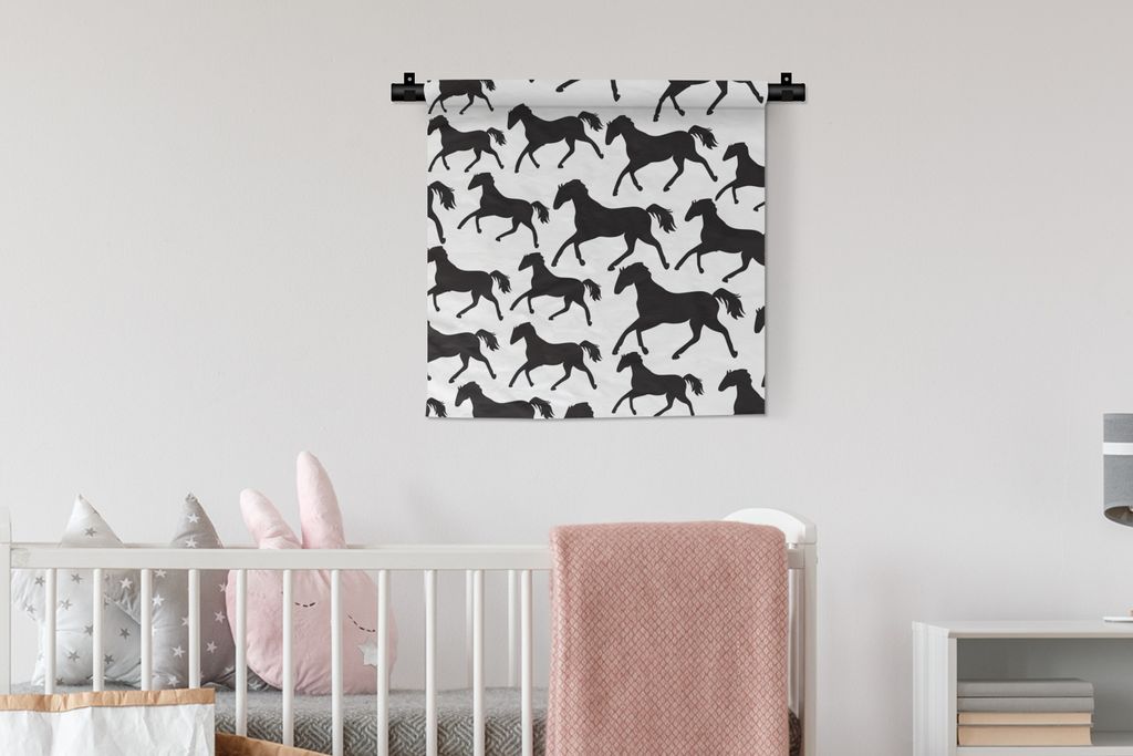 MuchoWow Wandteppich Wandbehang Pferde - Schwarz - Weiß - Mädchen - Kinder - Mädchen 60x60 cm Tapisserie Dekoration Wandtuch - Dekorationen - ...