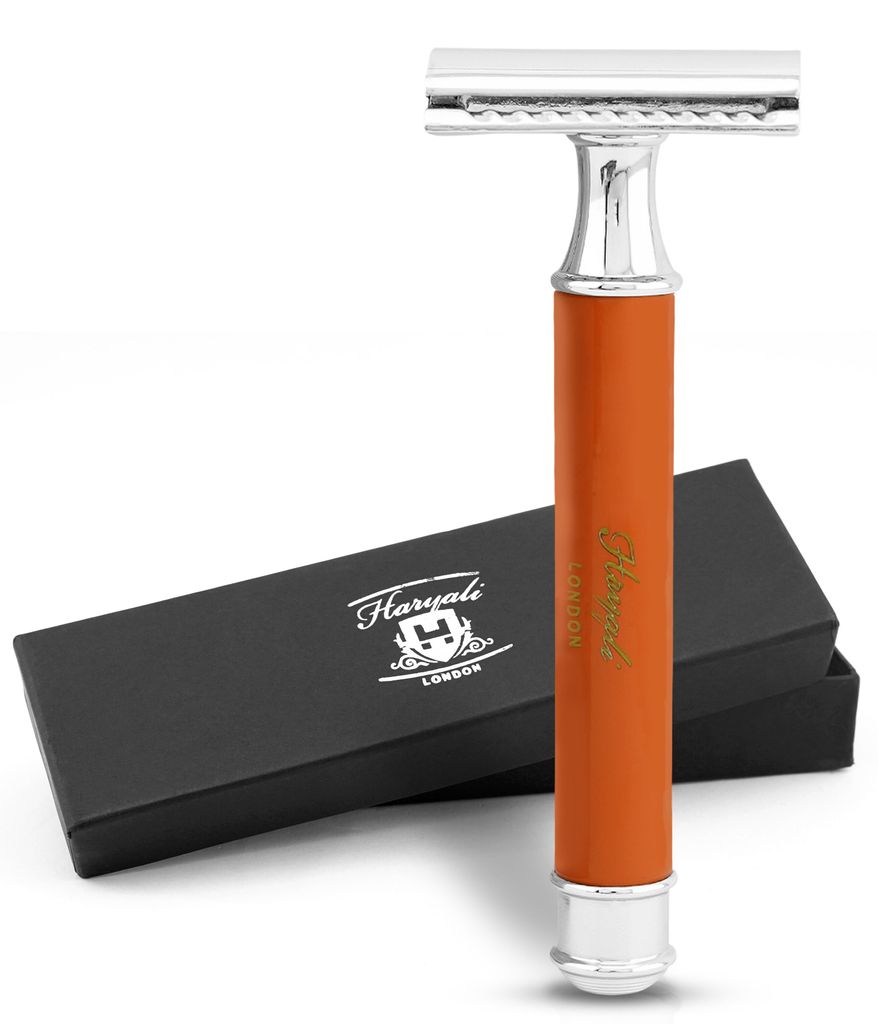 De Rasierhobel für Damen und Herren, glatter Metallgriff, Orange Packung, Rutschfester Nassrasierer aus hochwertigem Messing Silber, Abwaschbar 11 cm