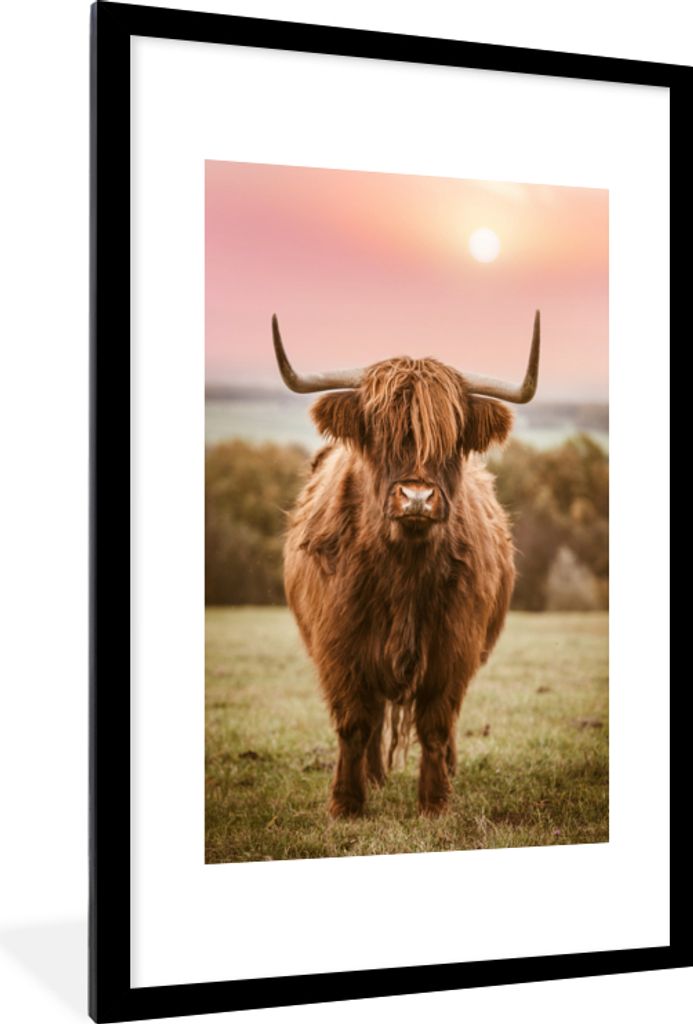 MuchoWow MuchoWow Gerahmtes Poster Sonnenuntergang - Tier - Schottisches Hochlandrind 60x90 cm - Poster mit zchwarzem Bilderrahmen - Dekoration...