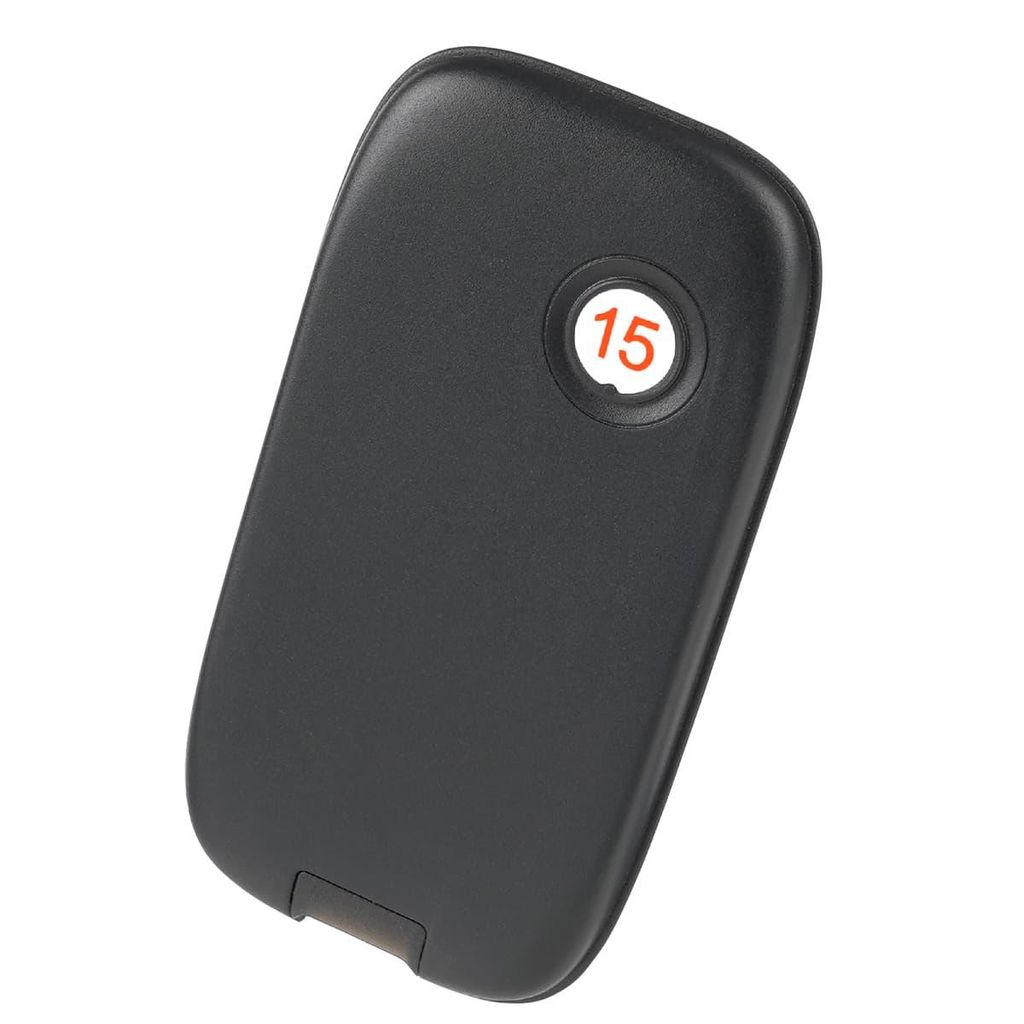 A black pager with a circular white label containing the number 15 in orange.