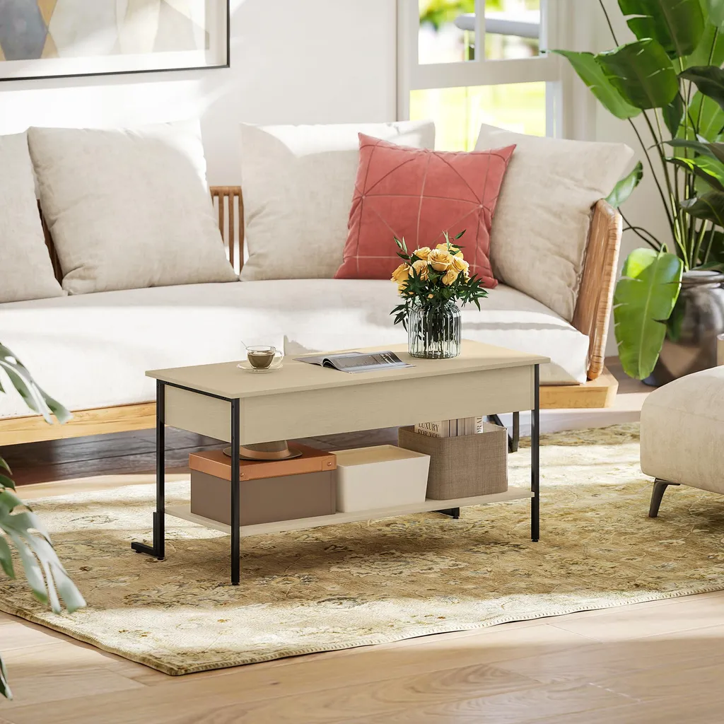 Table de salon avec plateau relevable et compartiment caché bois clair - 10
