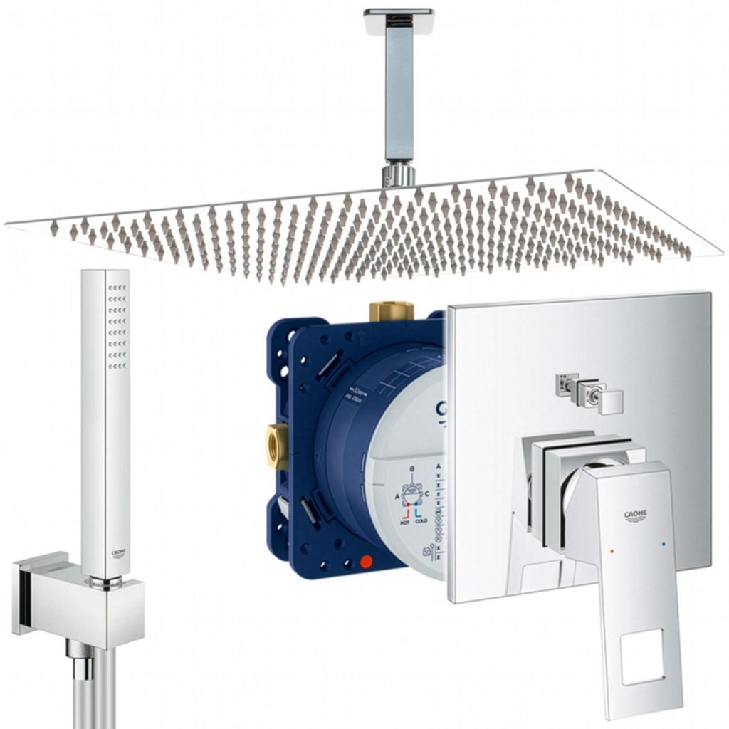 Grohe und Jowi Unterputz Duschsystem, mit Eurocube und Euphoria Cube, 360x360mm Kopfbrause, Deckenanschluss