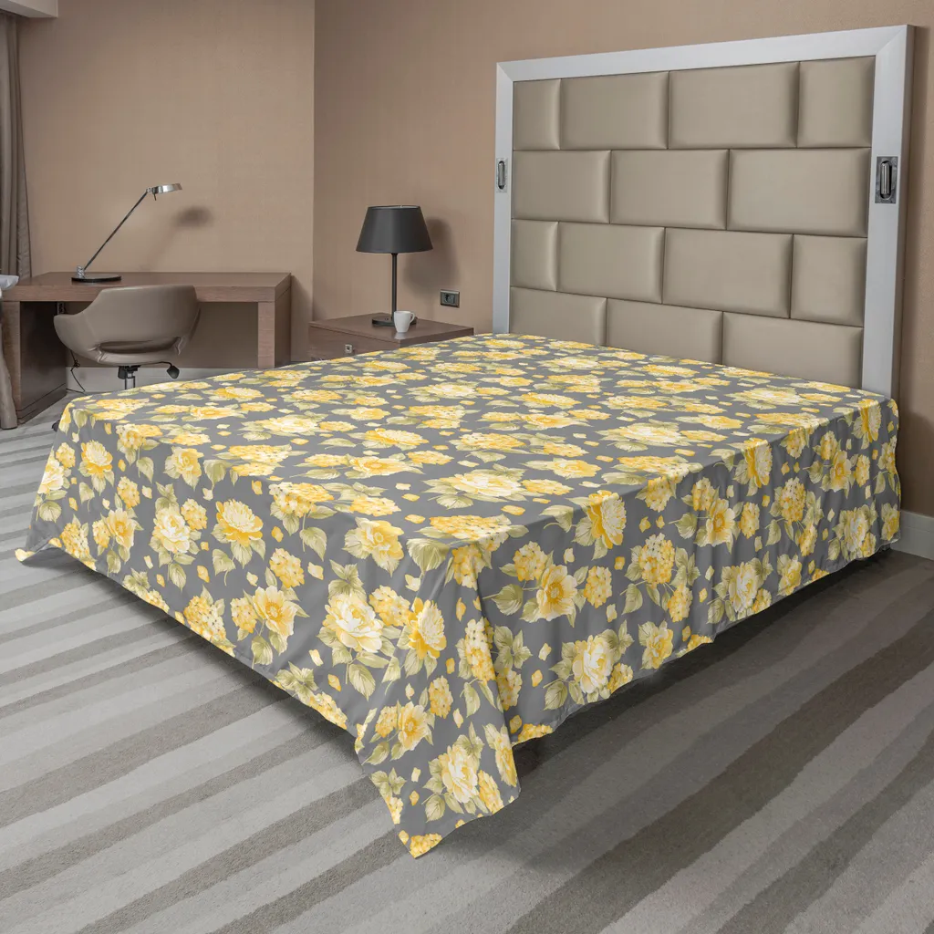 Drap Plat Doux et Confortable Motif Hortensia Jaune Gris Vert 260 cm