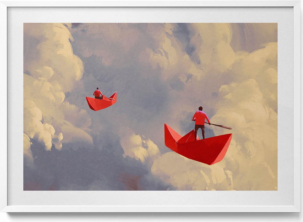Papierbootfahrt– Wandbild mit Rahmen – Gerahmtes Bild – Wanddekoration – 100x70 cm – Weiß Rahmen