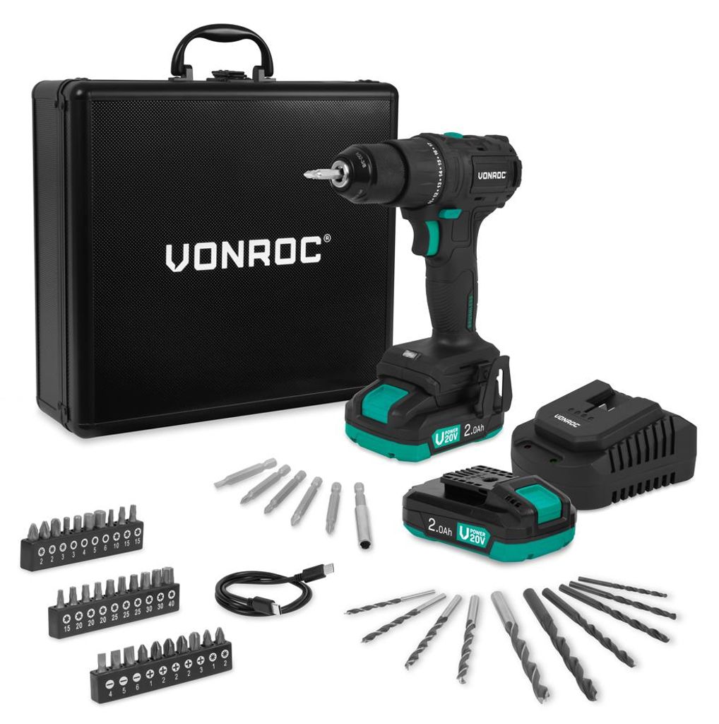 VONROC Cordless brushless drill 20V - with 46 acc in storage case