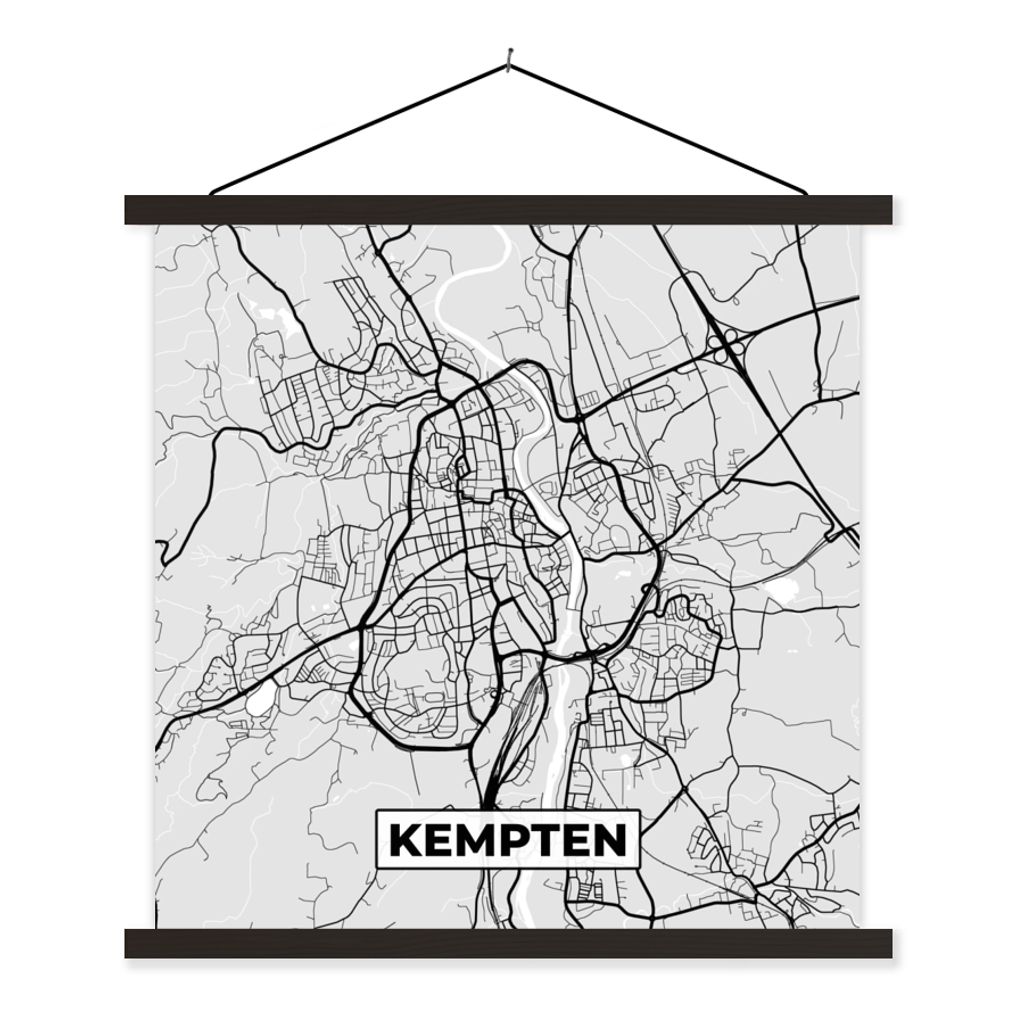 MuchoWow Textilposter Stadtplan - Kempten - Karte - Deutschland 120x120 cm mit schwarzem Rahmen - Aufhängungsset