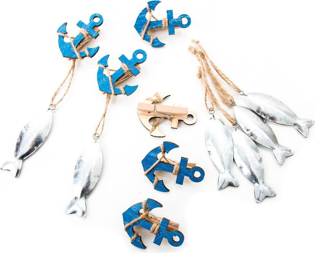 12 Teile Set maritime Deko: 12 blaue Holz Anker Dekoklammern + 12 silber farbene Blech Fisch Anhänger: Tischdeko Kommunion Hochzeit Party Geburtst...