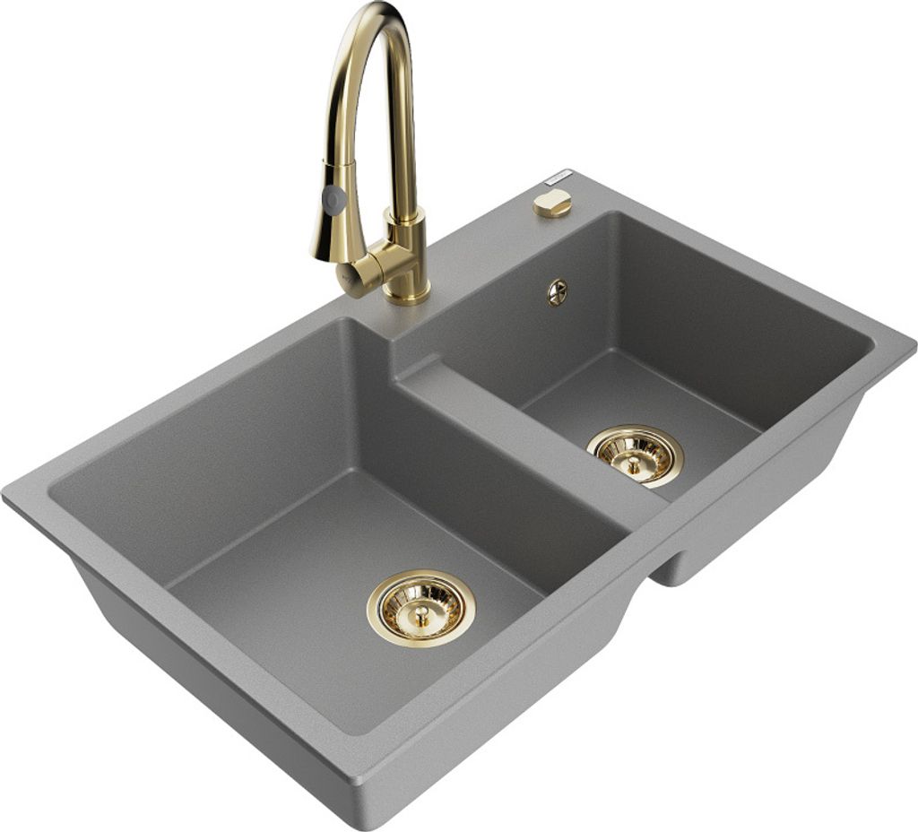 Mexen Tomas 2-Becken-Granitspüle mit Mischbatterie Elia, Grau - 6516-71-670101-50