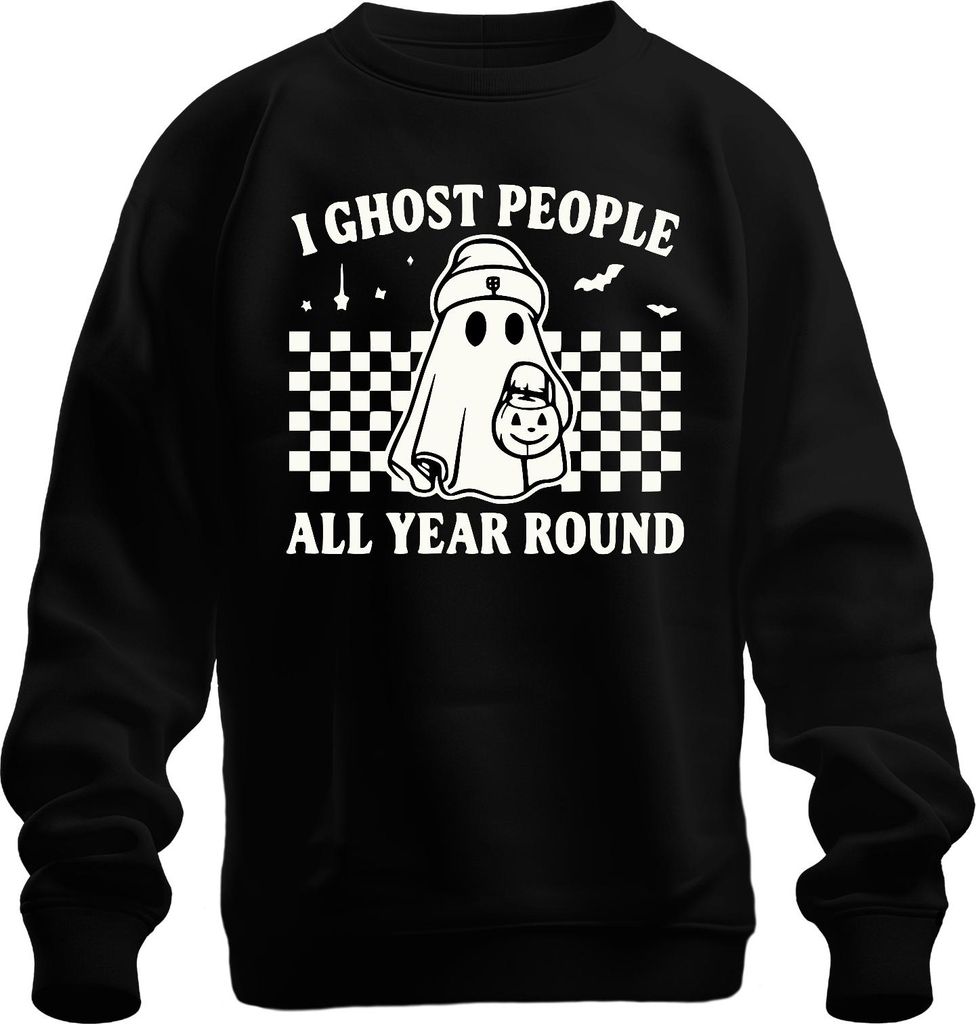 I ghost people all year round Halloween Geisterkostüm Retro Karo Uni Sweatshirt Pullover, Schwarz, L