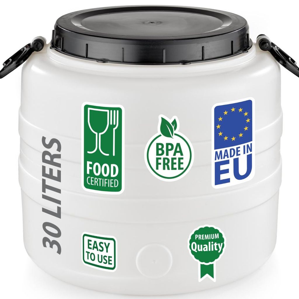 Weithalsfass Fasssilage Gepäcktonne Gärfass Gärbehälter Futtertonne 30 Liter mit Deckel Griffen Druck weiß