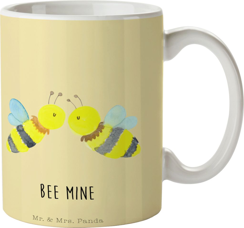 Mr. & Mrs. Panda Kaffeebecher Biene Liebe - Gelb Pastell - Geschenk, Trinkbecher, Becher, Hummel, Kaffeetasse, Tasse, Kaffeepott, schöne