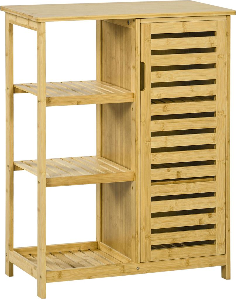 Badezimmerschrank aus Bambus, 3 Regale, 1 Schrank mit Lamellentüren, Natur