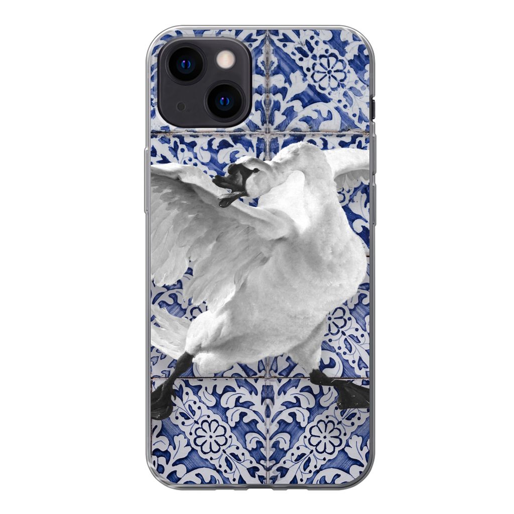 MuchoWow Handyhülle Schutzhülle Hülle für iPhone 13 Schwan - Kunst - Delfter Blau - Malerei - Alte Meister Silikon Softcase Handy Hülle - Ka...