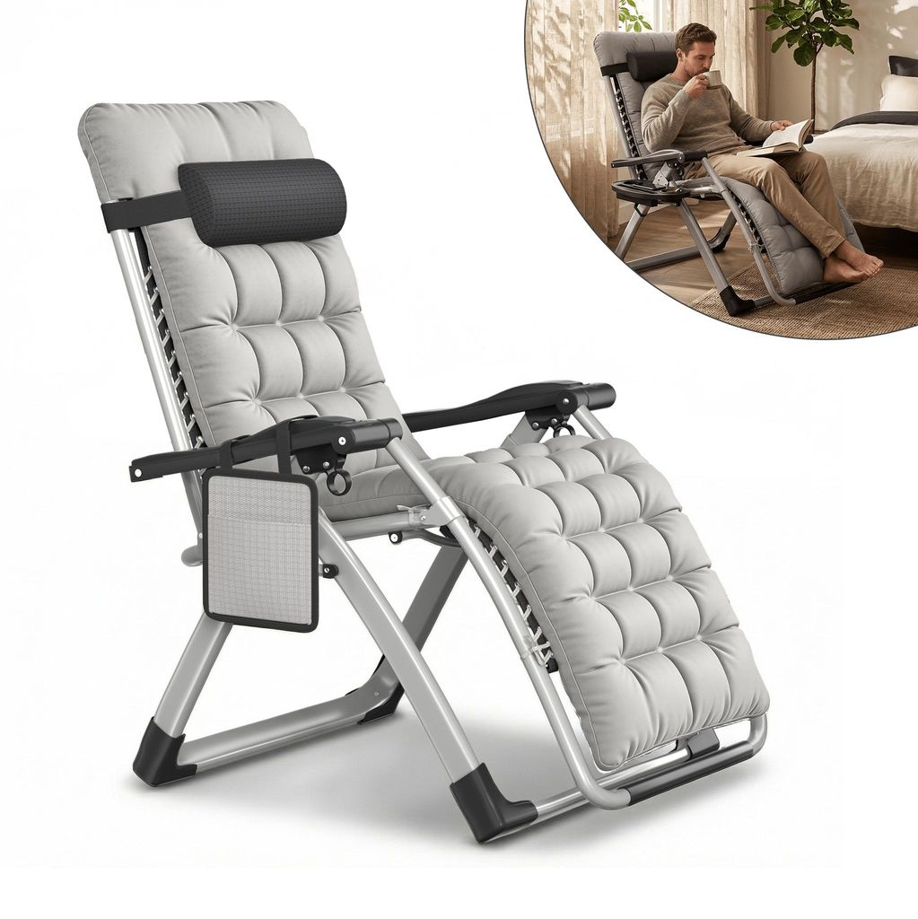 XMTECH Gartenliegestuhl klappbar mit Polster & Kopfkissen, 160kg belastbar, verstellbar 90–170°, Getränkehalter, wetterfest Stahl, Hellgrau