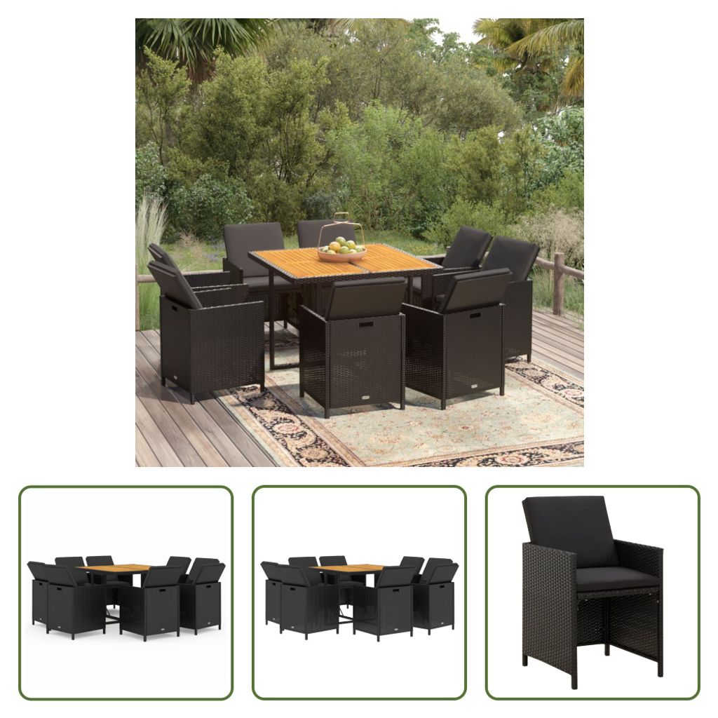 The Living Store 9-tlg. Garten-Essgruppe mit Kissen Poly Rattan Schwarz