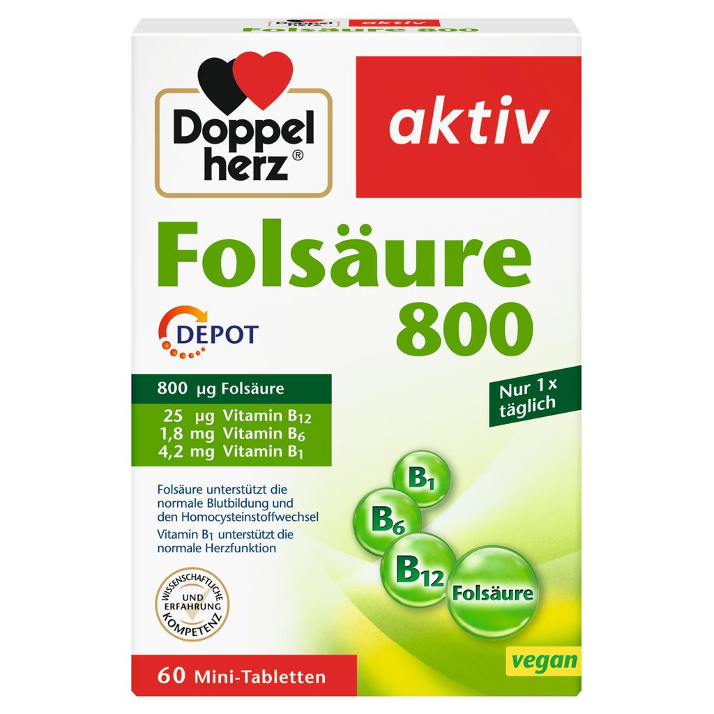 Doppelherz aktiv Folsäure 800 Depot – 60 Mini-Tabletten | mit Vitamin B1, B6 & B12 | vegan, glutenfrei, lactosefrei
