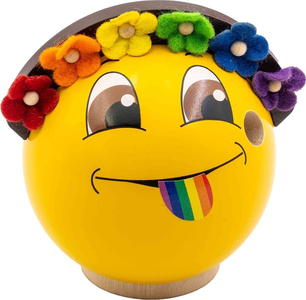 Räucher-Emotionsfigur Emoji aus Holz 7 cm, Typ:Lou unterm Regenbogen