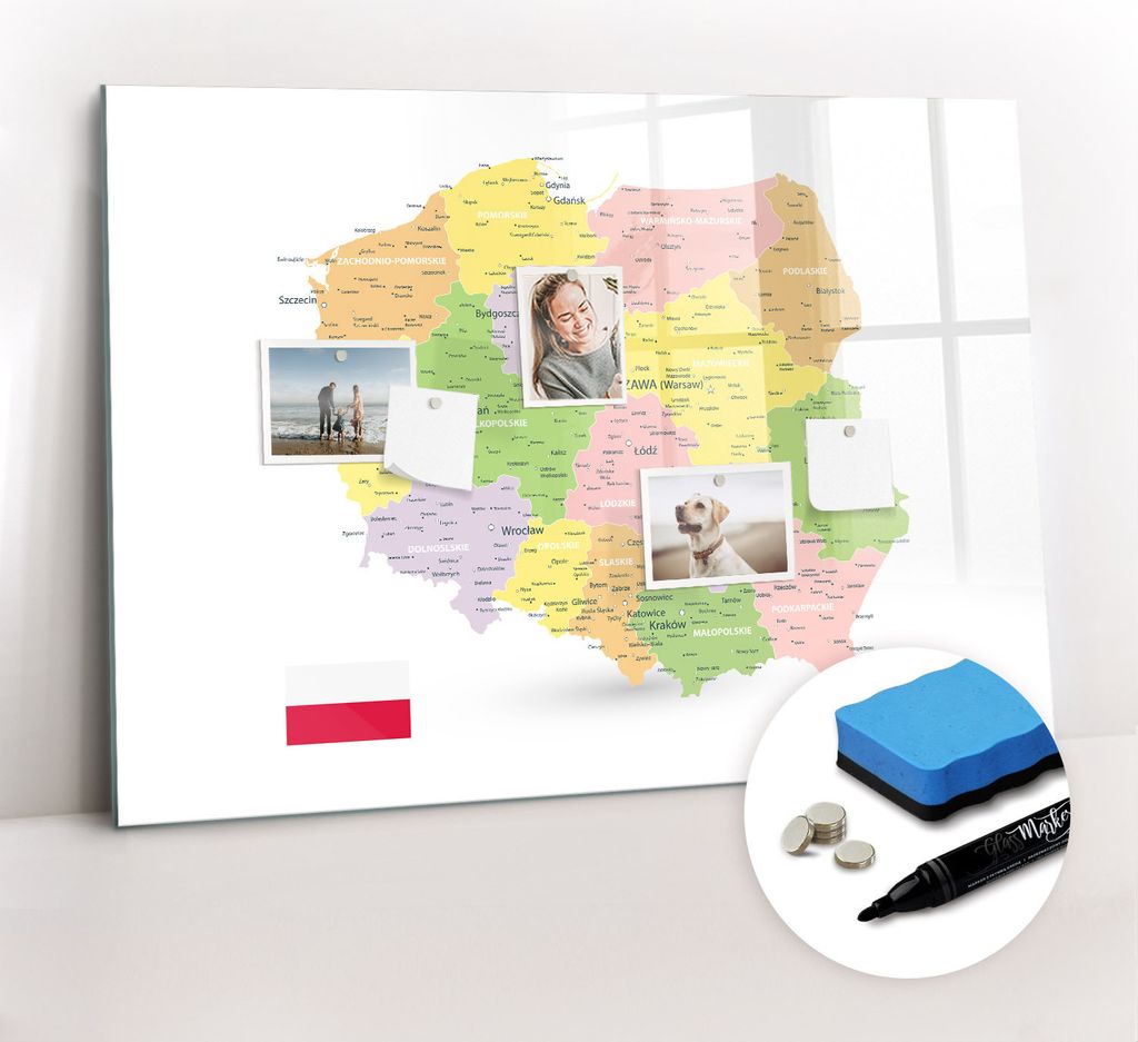 Magnetpinnwand Memoboard - Zubehörsatz - Schwarzer Marker + Schwamm + Magnete - 100 x 70 cm - Karte von Polen