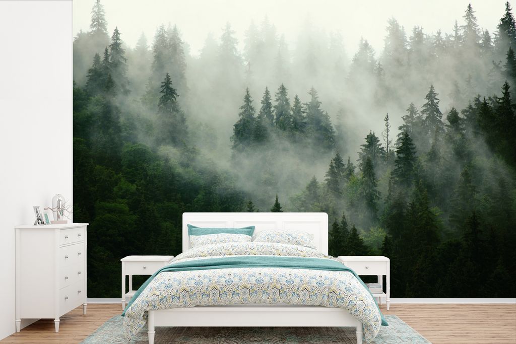MuchoWow Fototapete für Wohnzimmer oder Schlafzimmer Wandtapete Vinyl Motivtapete Wald - Nebel - Bäume - Natur - 330x220 cm - Fototapeten