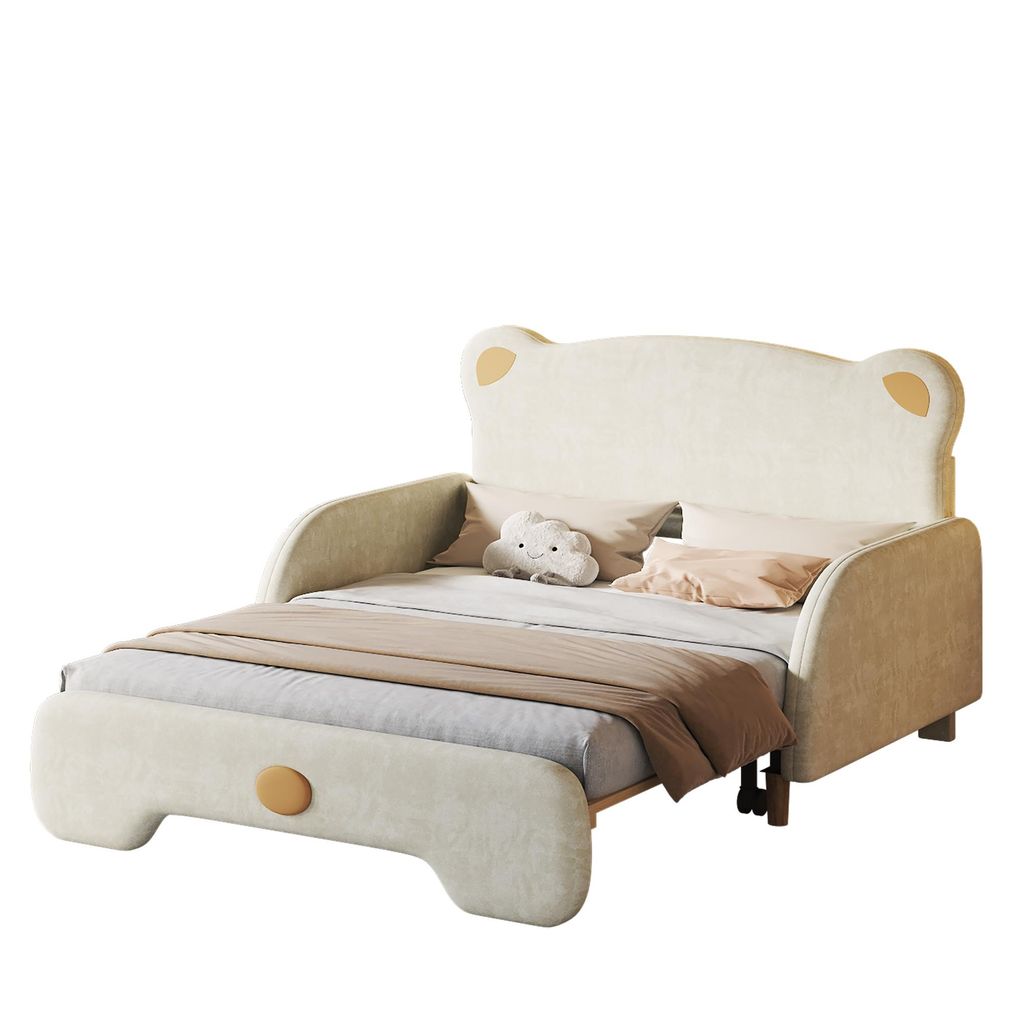 okwish klassisches Kinderbett 140x200cm, Polsterbett, lustiges Bett in Bärenkopfform, mit Holzlattenrost, Samt,(Ohne Matratze) Beige