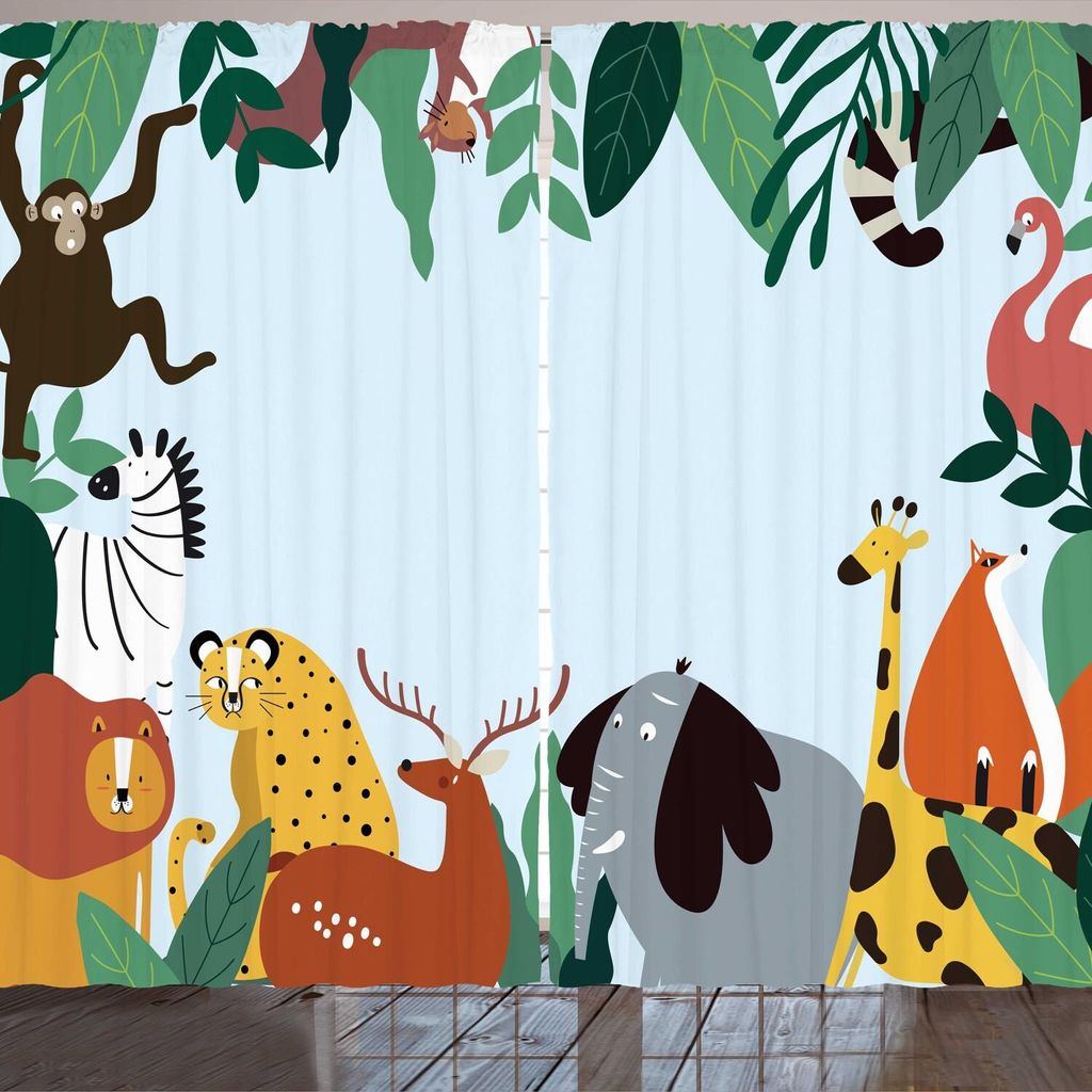 ARANDE Tier Gardine, Nursery Themed wild lebende Tiere mit exotischen Blättern Zebra Flamingo Elefanten Löwen, 280 x 245 cm, Baby Blue Mehrfarbig