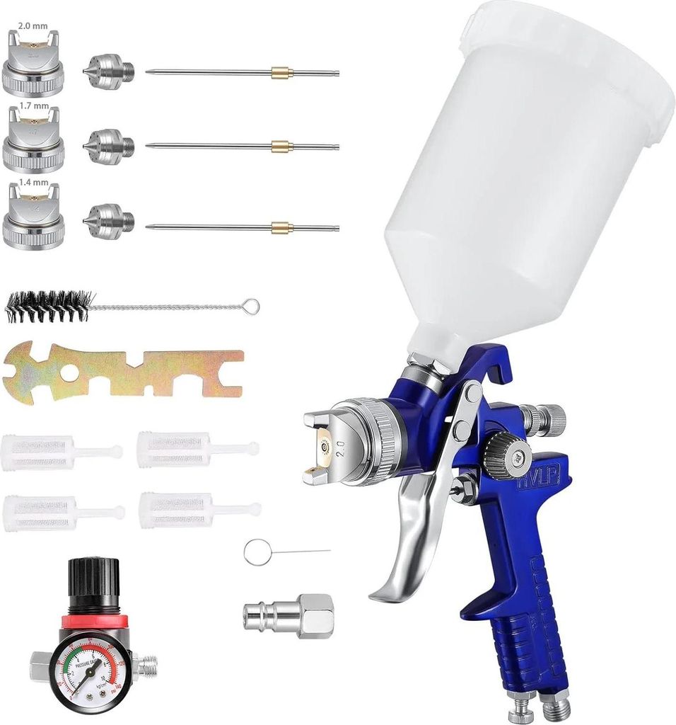 HVLP Lackierpistole - Farbspritzpistole - Druckspeisung - 600 ml Becher - Luftdruckregler - Farbflussregler - Feinnebel - Blau