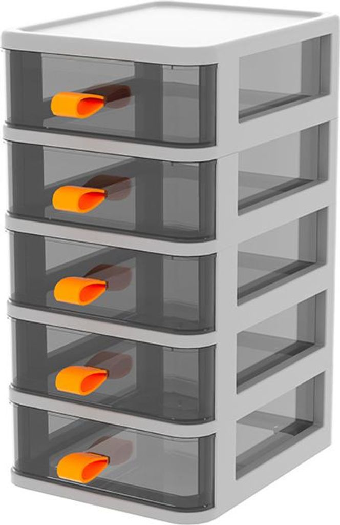 Transparente Schreibtisch-Aufbewahrungsbox mit Schublade und orangefarbenem Griff
