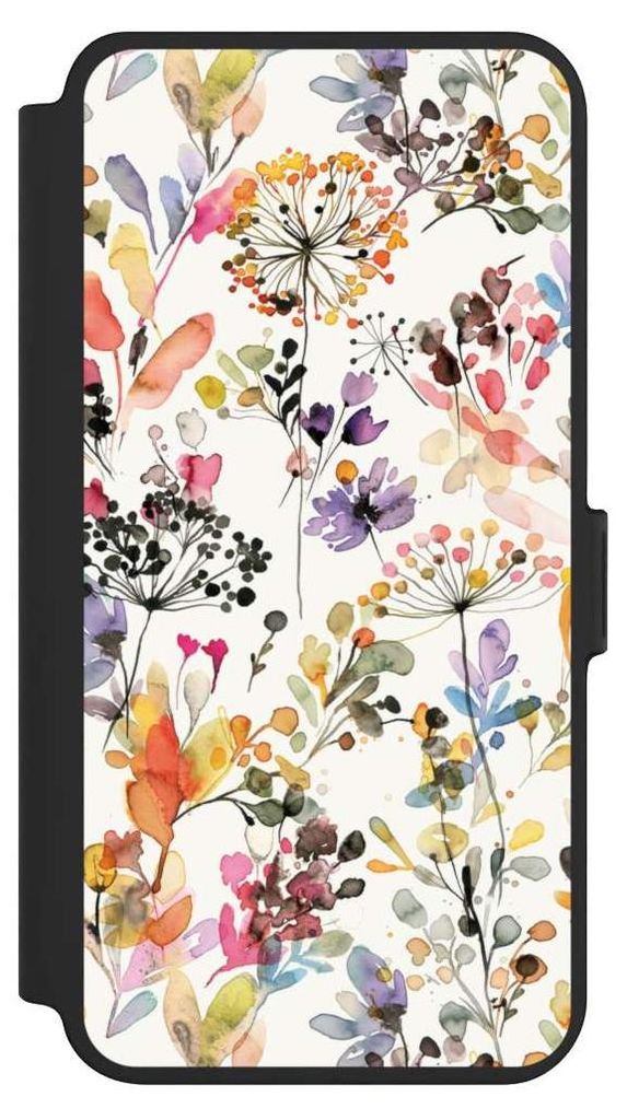 NIVOCASE Klapphülle für Samsung Galaxy S25+ Handyhülle aus Kunst Leder NIVOflip schwarz Blume Muster Pastell