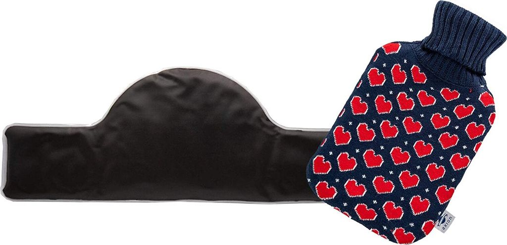 axion Nacken Moor-Wärmekissen + Wärmflasche - Bezug blau mit roten Herzen