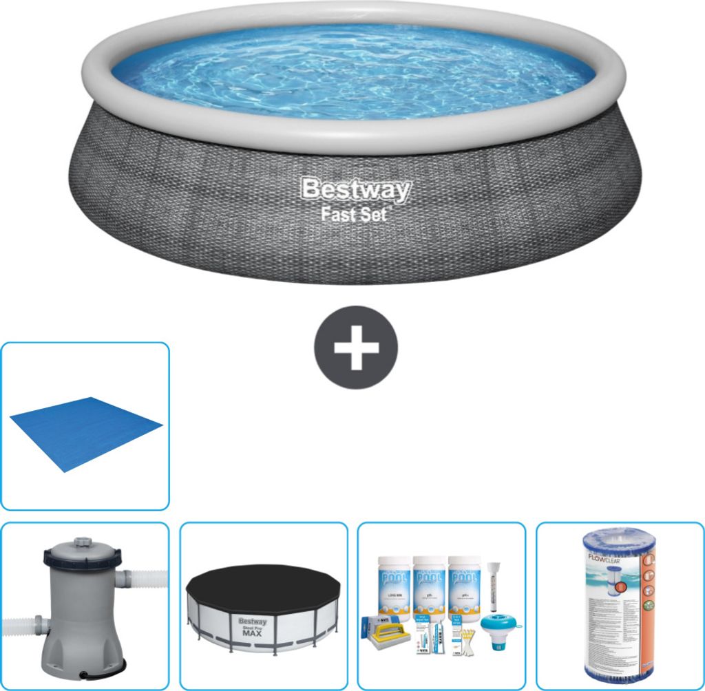 Bestway runder aufblasbarer Fast-Set-Pool – Rattan-Druck – 457 x 84 cm – inklusive Pumpe Abdeckung - Wartungspaket - Filter - Bodenplane